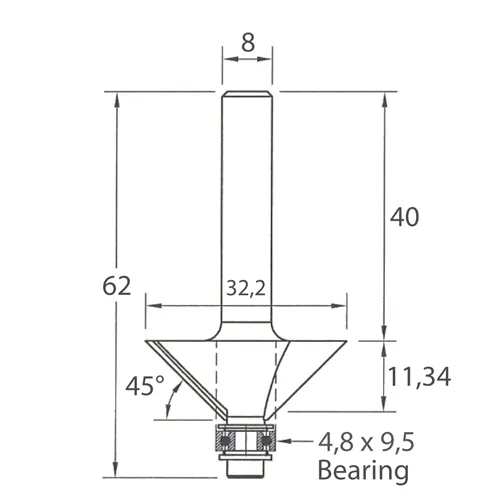 IGM M109 Frez kątowy z łożyskiem - 45° D32,2x11,34 L62 S=8 HW