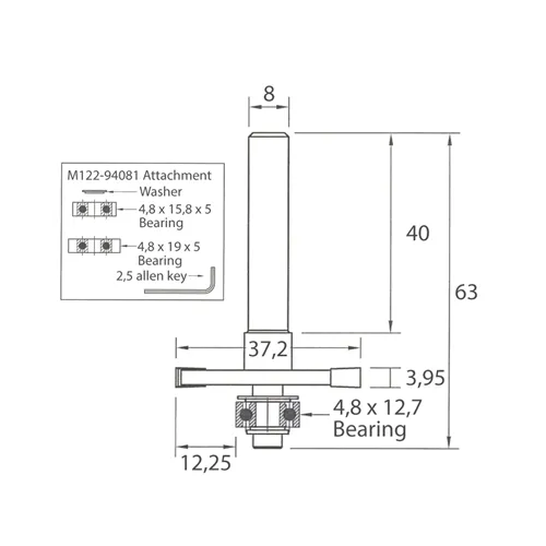 IGM M122 Tarczowy frez do połączeń płytkowych zestaw - D37,2x3,95 H12,25 L63 S=8 HW