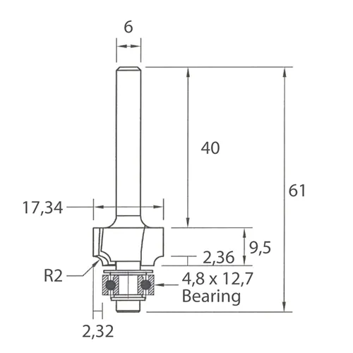 IGM M138 Frez promieniowy półokrągły wklęsły - R2 D17,34x9,5 L61 S=6 HW