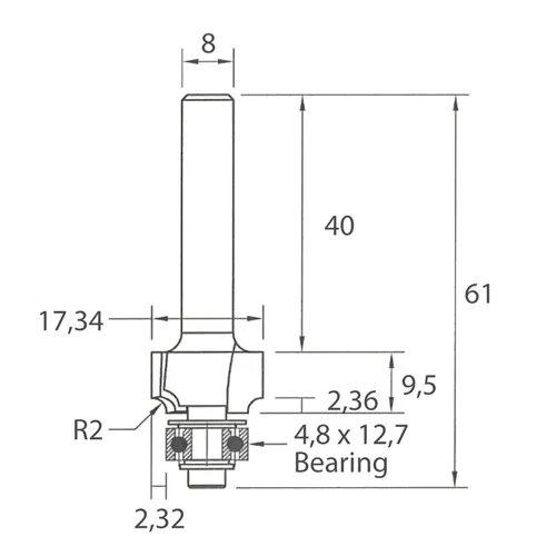 IGM M138 Frez promieniowy półokrągły wklęsły - R2 D17,34x9,5 L61 S=8 HW