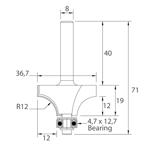 IGM M138 Frez promieniowy półokrągły wklęsły - R12 D36,7x19 L71 S=8 HW