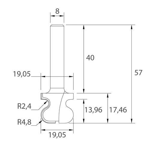 IGM M141 Frez do uchwytów - R2,4-4,8 D19,05x17,46 L57 S=8 HW